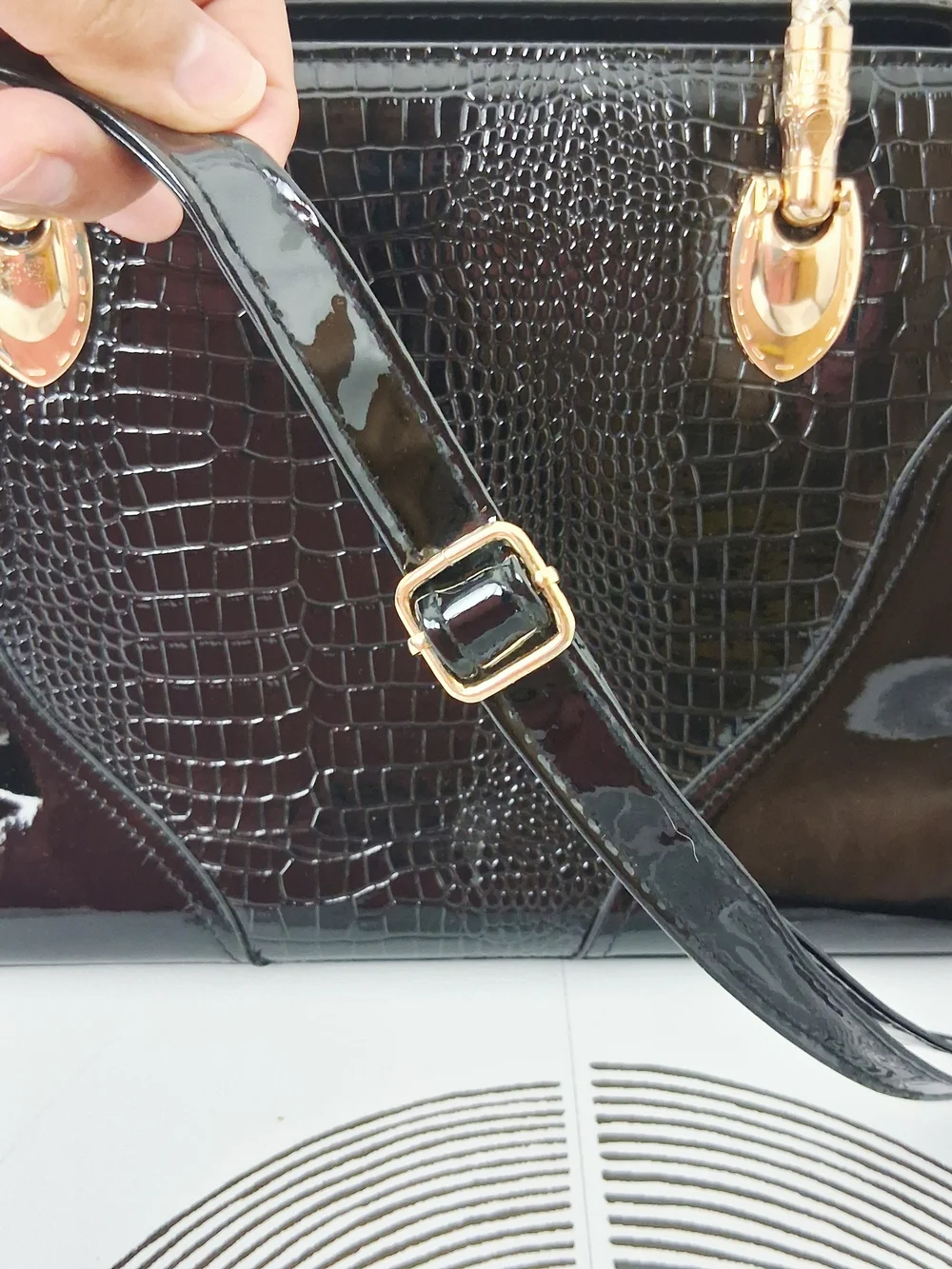 Black Faux Croc Satchel Bag Braided Gold Handle Patent Pleather Shoulder Purse